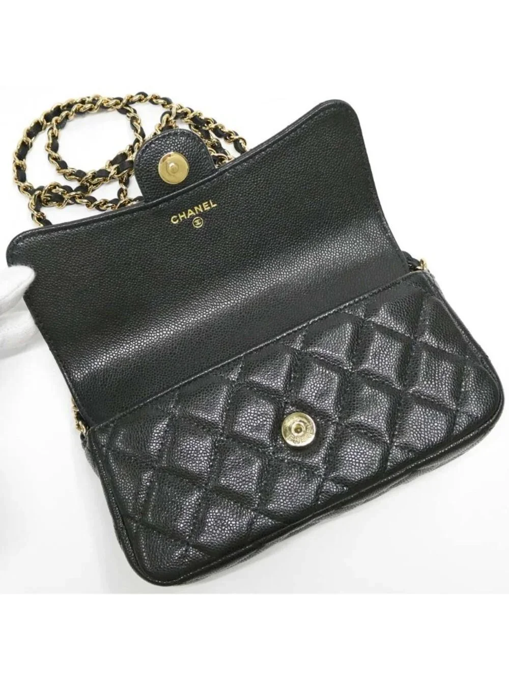 Chanel Flap Phone Case Chain Shoulder Bag Caviar Leather Black Gold